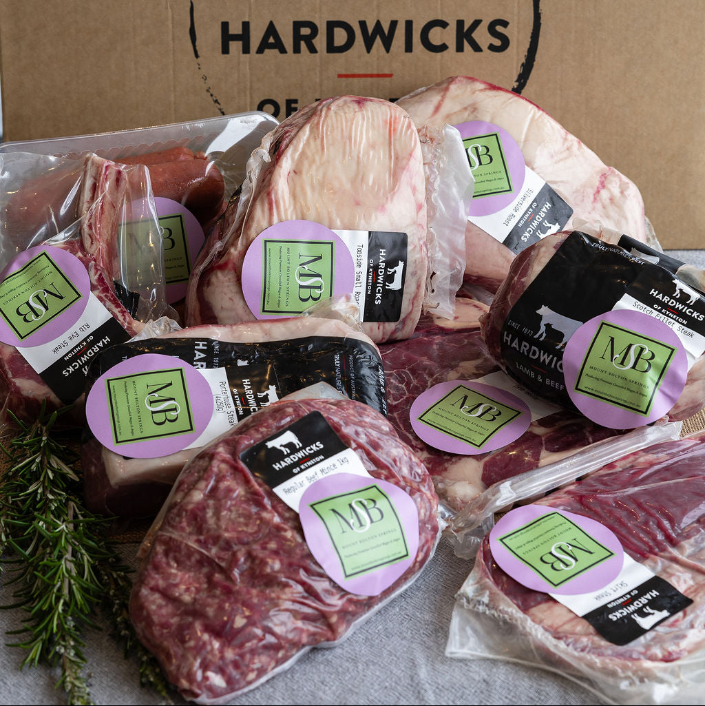 Image of Mount Bolton Springs Wagyu 10g family box with butcher partner Hardwicks of Kyneton branded box in background.