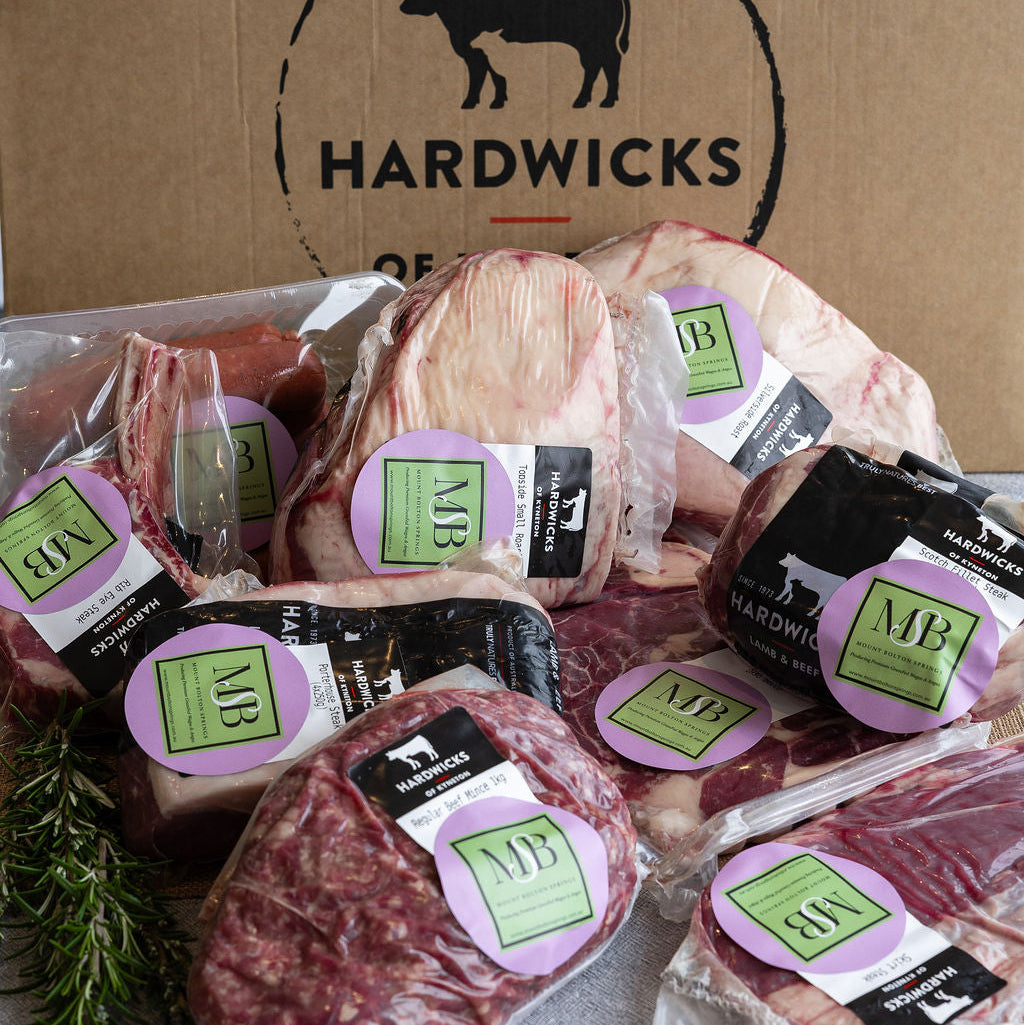 Mount Bolton Springs Wagyu packaged meat products with Hardwicks branding on a cardboard box background